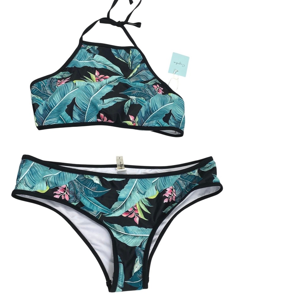 Cupshe Tropical Palm Leaf Bikini Set Women Large High Neck Halter Beach Swimwear